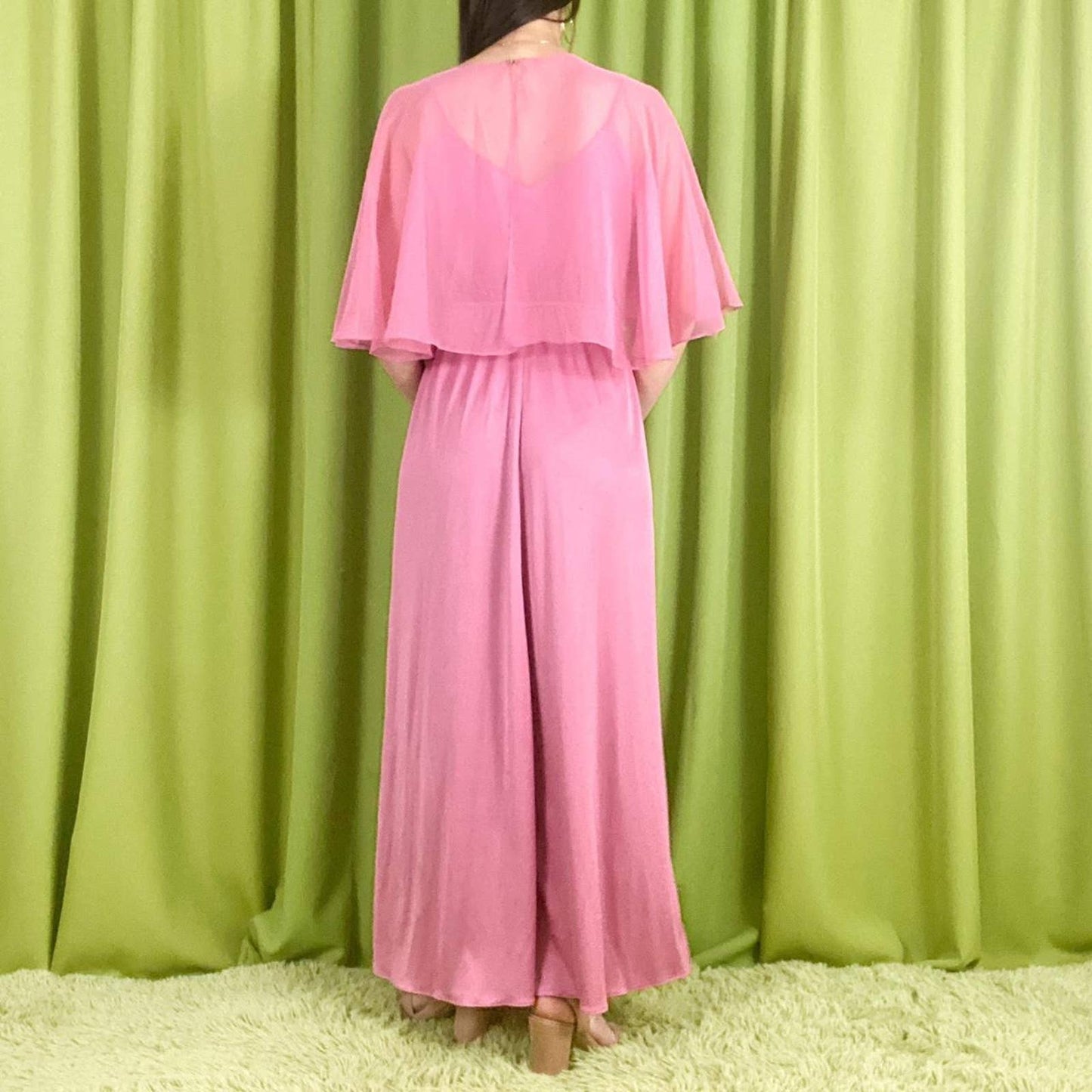 70s Vintage Pink Mauve V Neck Ankle Length Gown with Sheer Cape