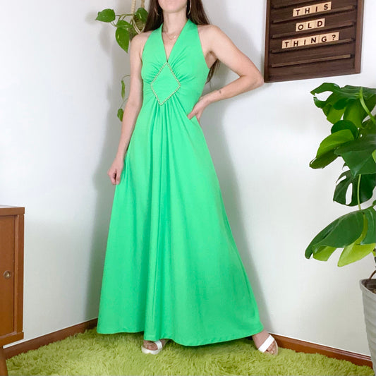 70s Vintage Kelly Green Faux Pearl Detailed Maxi Gown