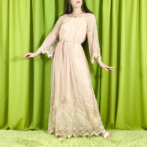 70s Vintage Dusty Pink Maxi Dress with Chiffon Embroidered Bell Sleeves and Hem