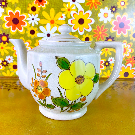 70’s Vintage Beige Yellow and Orange Porcelain Floral Japanese Teapot