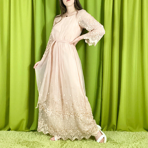 70s Vintage Dusty Pink Maxi Dress with Chiffon Embroidered Bell Sleeves and Hem