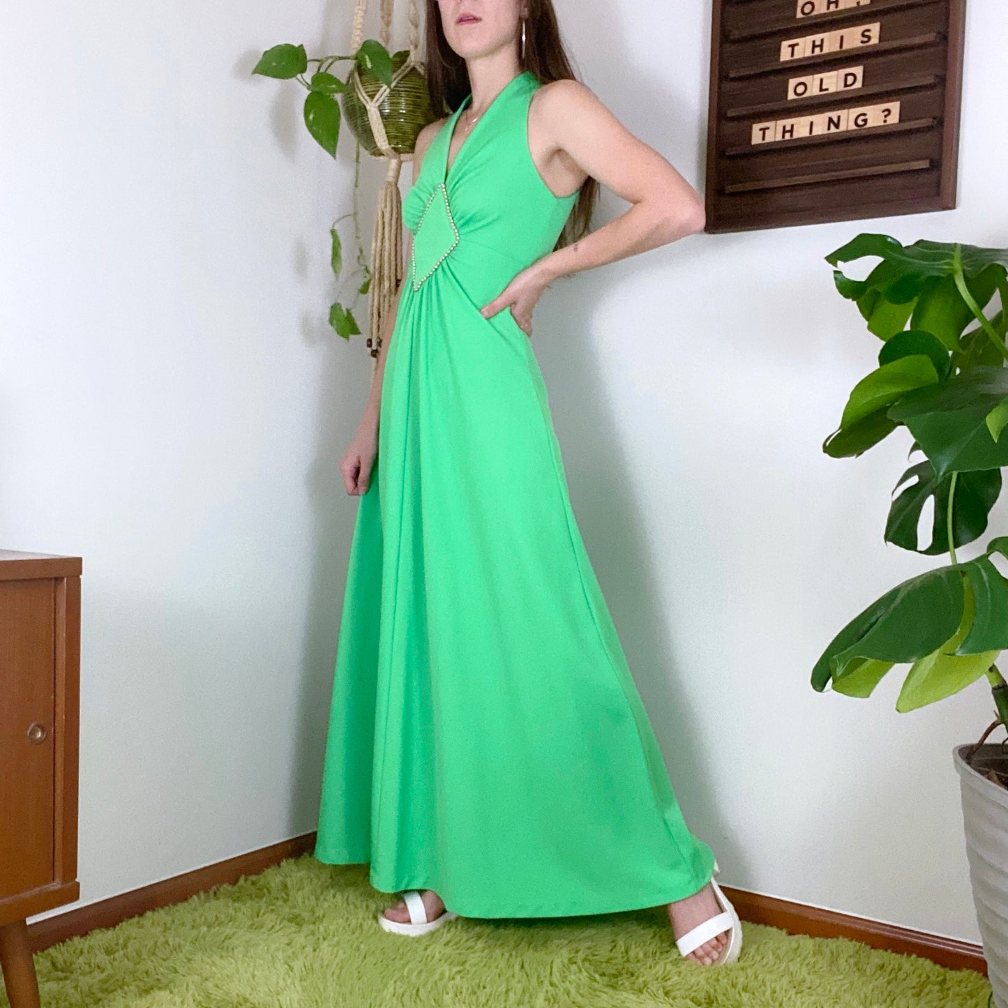 70s Vintage Kelly Green Faux Pearl Detailed Maxi Gown