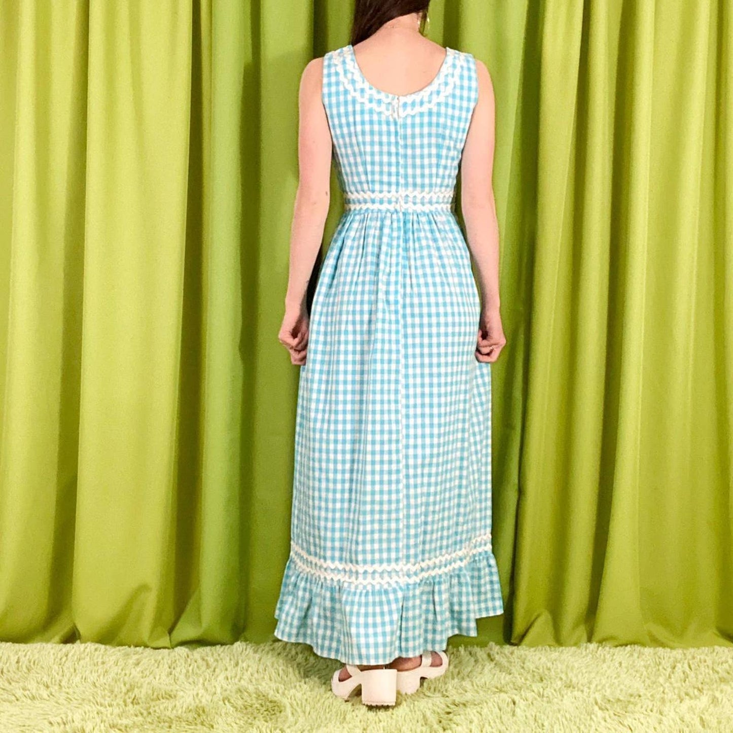 70s Vintage Blue and White Gingham Maxi Dress/Gown