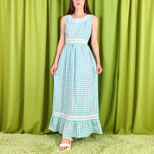 70s Vintage Blue and White Gingham Maxi Dress/Gown