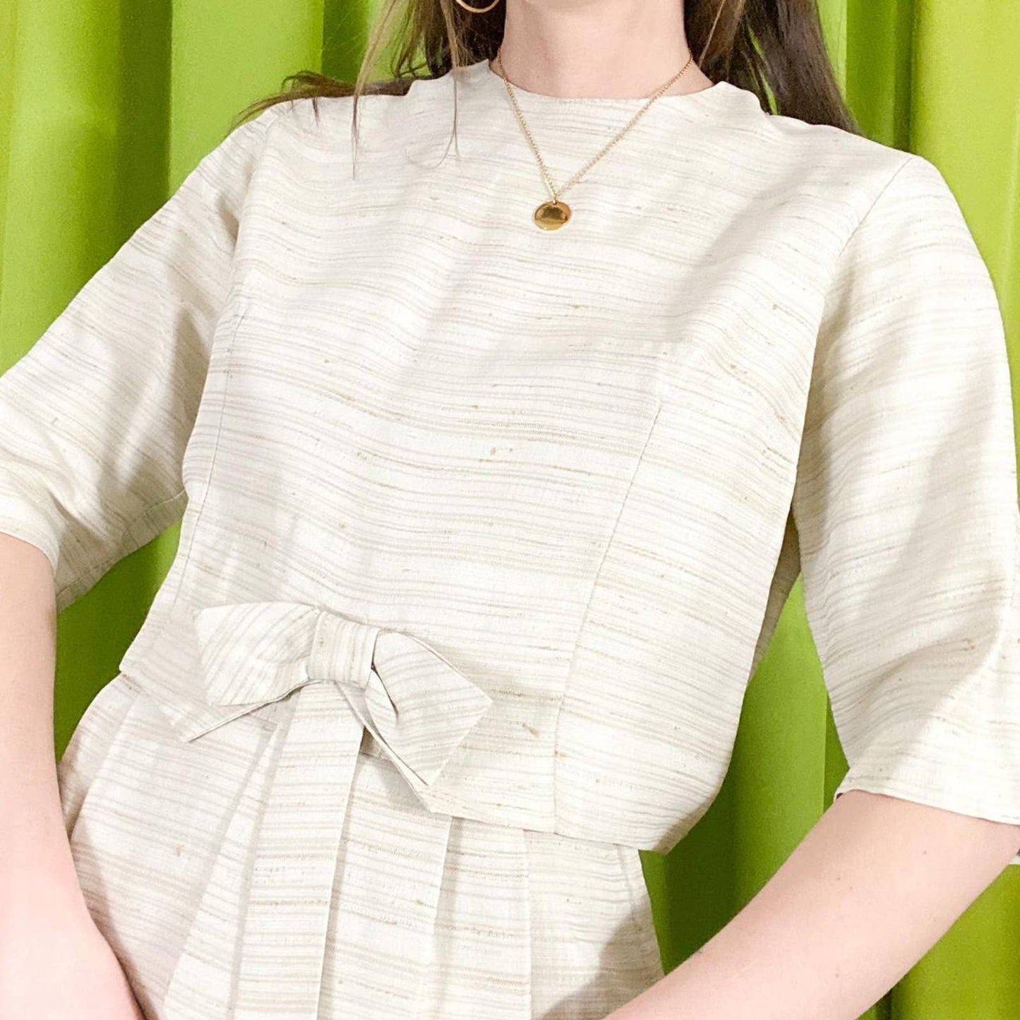 50s Vintage Beige Striped Two-Piece Skirt Set with Bow