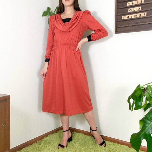 70s Vintage Burnt Orange and Black Polyester Cowl Neck Midi Dress