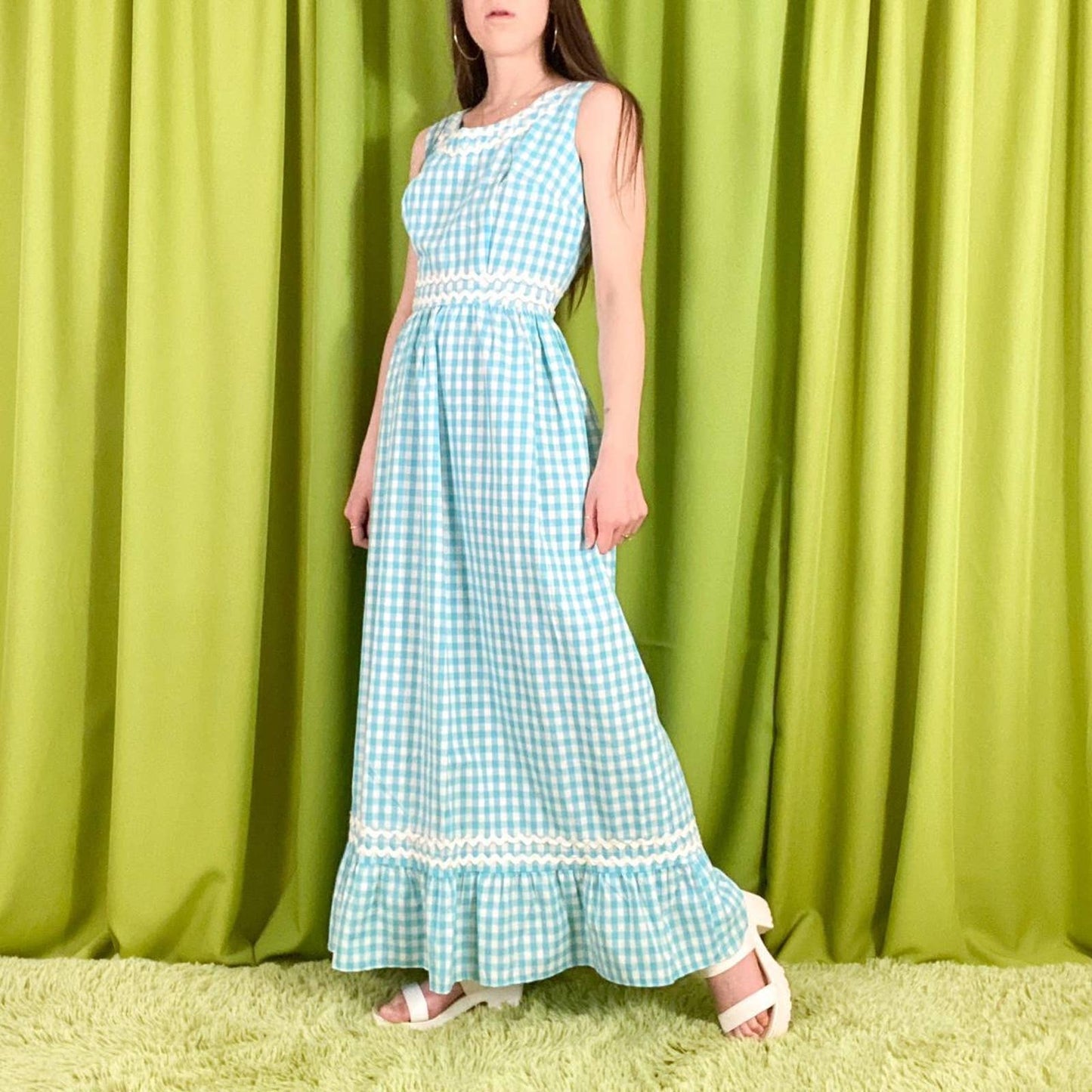 70s Vintage Blue and White Gingham Maxi Dress/Gown