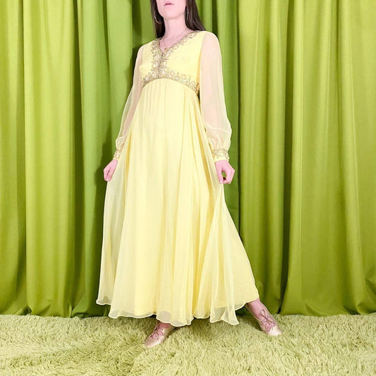 60s Vintage Butter Yellow and Gold Sheer Bishop Sleeve Hand Beaded Party Dress