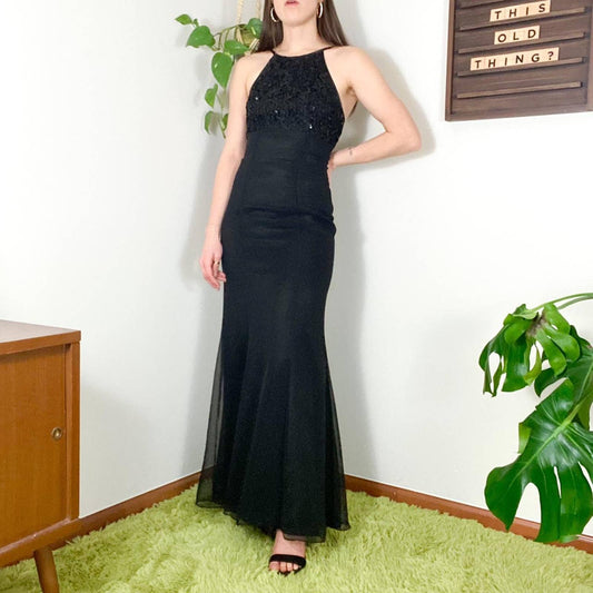 90s Vintage Black Trumpet Mermaid Style High Neck Sequin Formal Dress