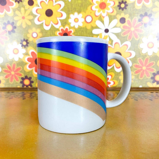 80s Vintage White and Rainbow Striped Ceramic Mug with Handle